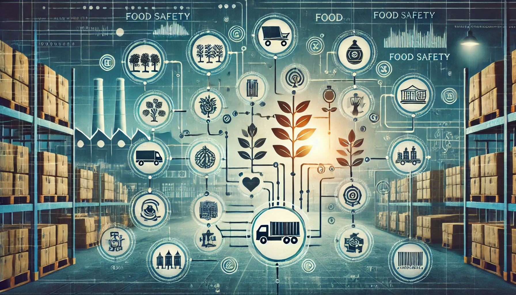 Imagen representativa de la trazabilidad en la industria alimentaria, con un enfoque en el control y seguimiento de los productos alimentarios desde el origen hasta el consumidor final.