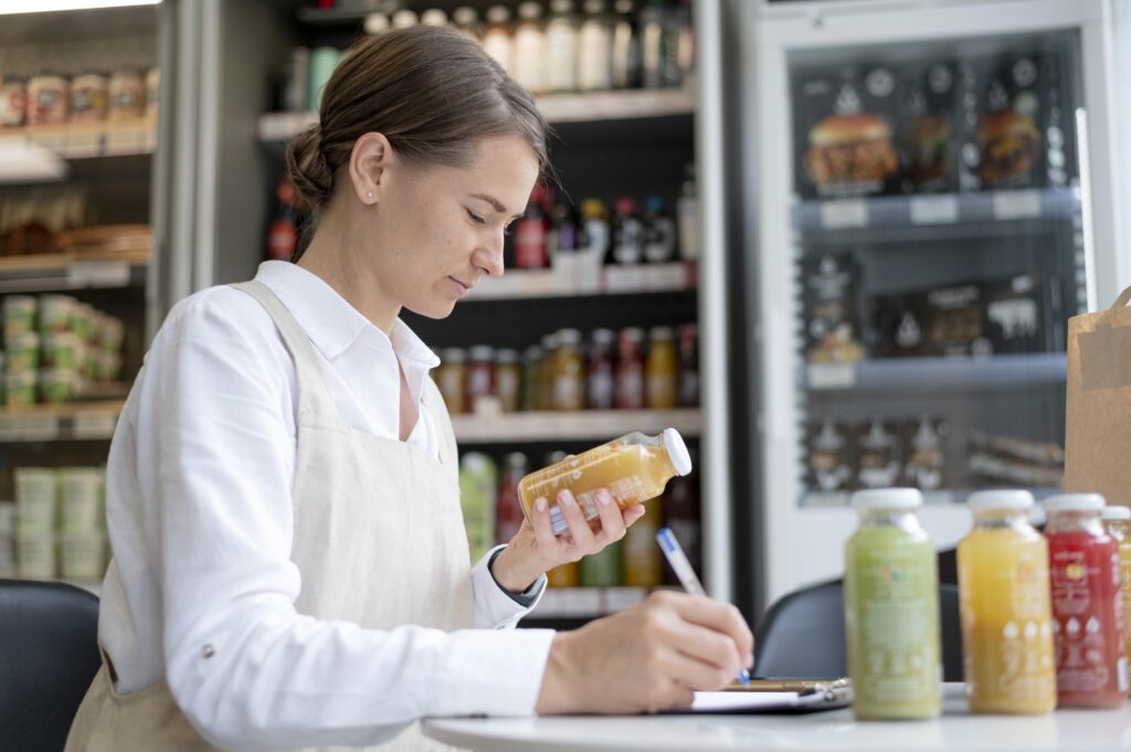 Mujer revisando un producto alimenticio para asegurar el cumplimiento de las normas de etiquetado.