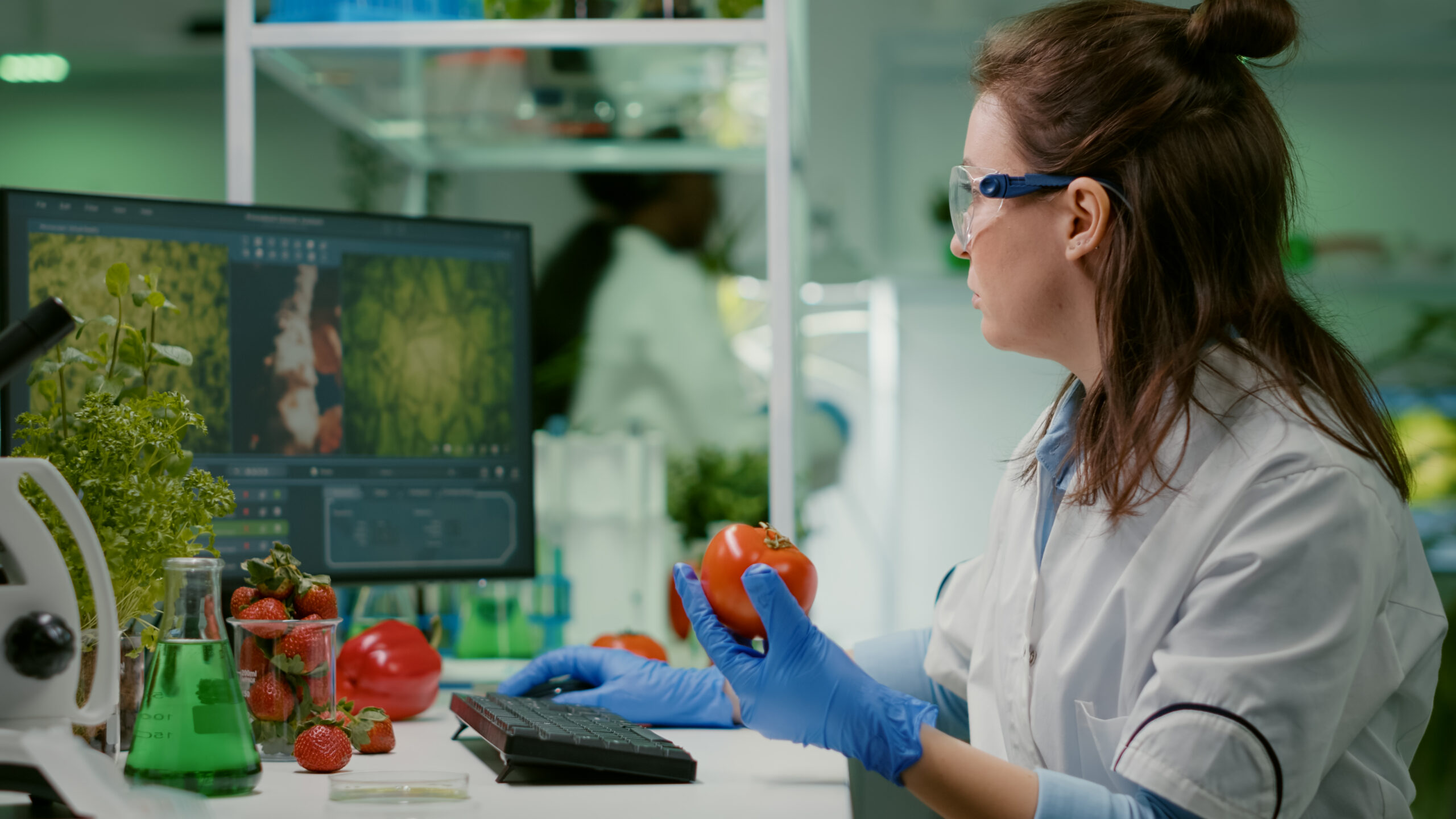 Farmacéutica inspeccionando un tomate en un laboratorio para garantizar la seguridad alimentaria.