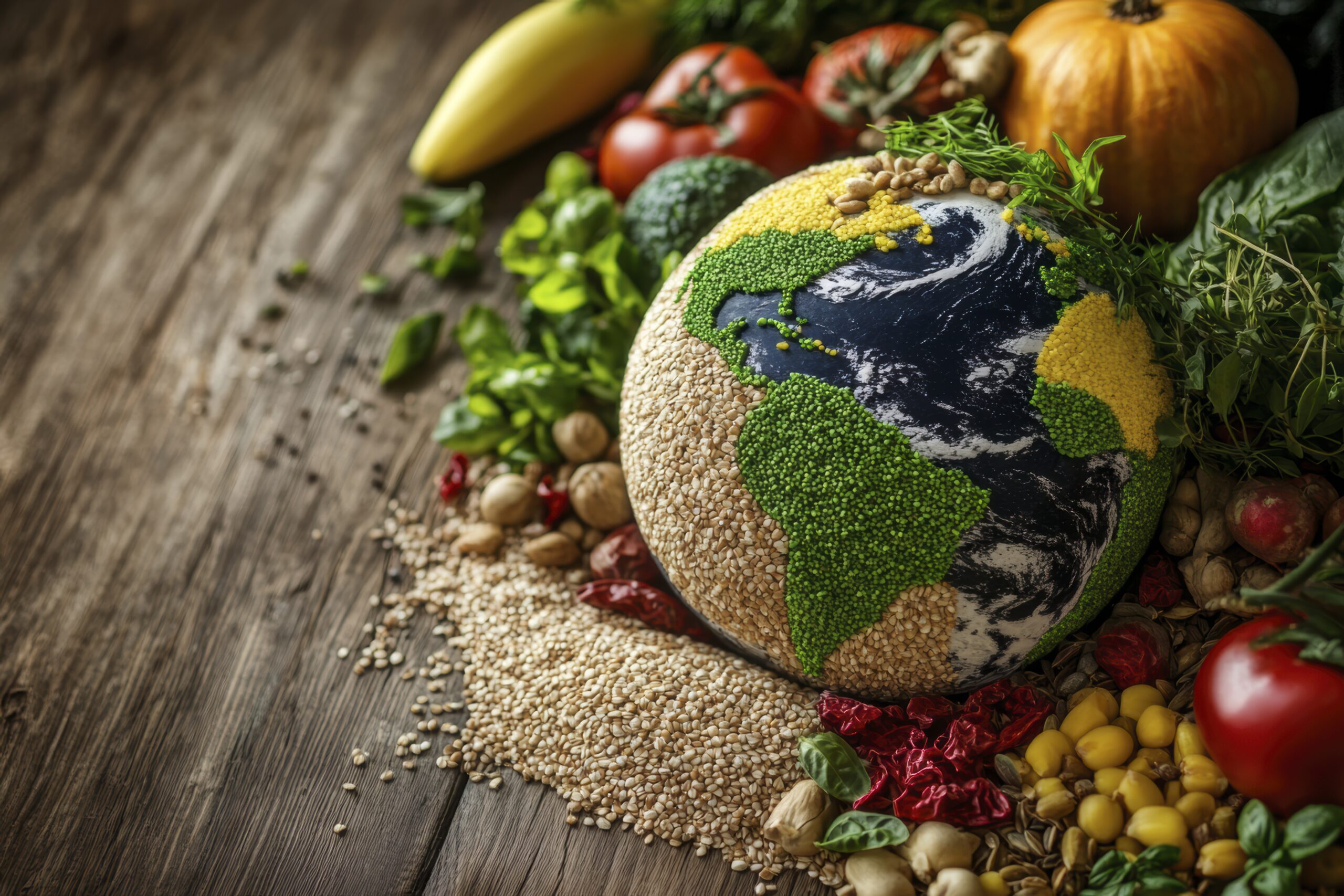 Globo terráqueo rodeado de diversas verduras, simbolizando la conexión entre la sostenibilidad y la cadena alimentaria.