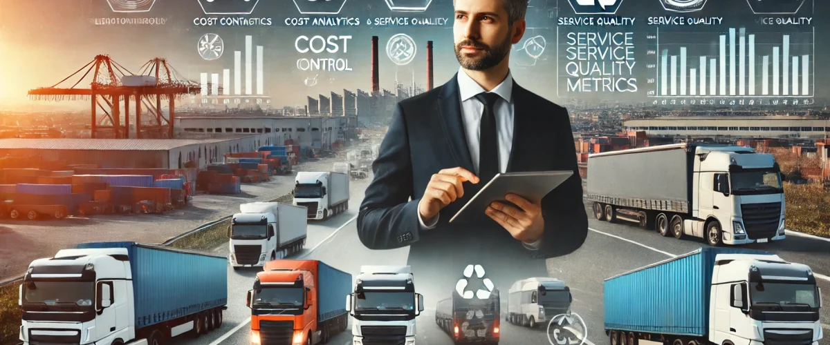 Un gestor de transporte supervisando una flota de camiones en una terminal de carga, representando la gestión de costes y calidad en el servicio de transporte por carretera.